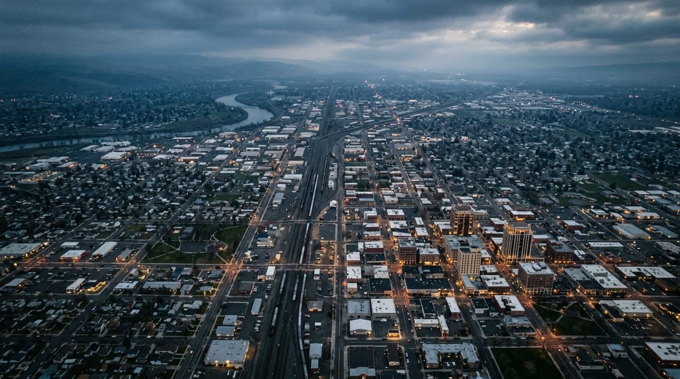 An overhead flat-lay 35mm shot of the Yakima city grid at overcast dawn, the downtown skyline positioned in the lower-righ...