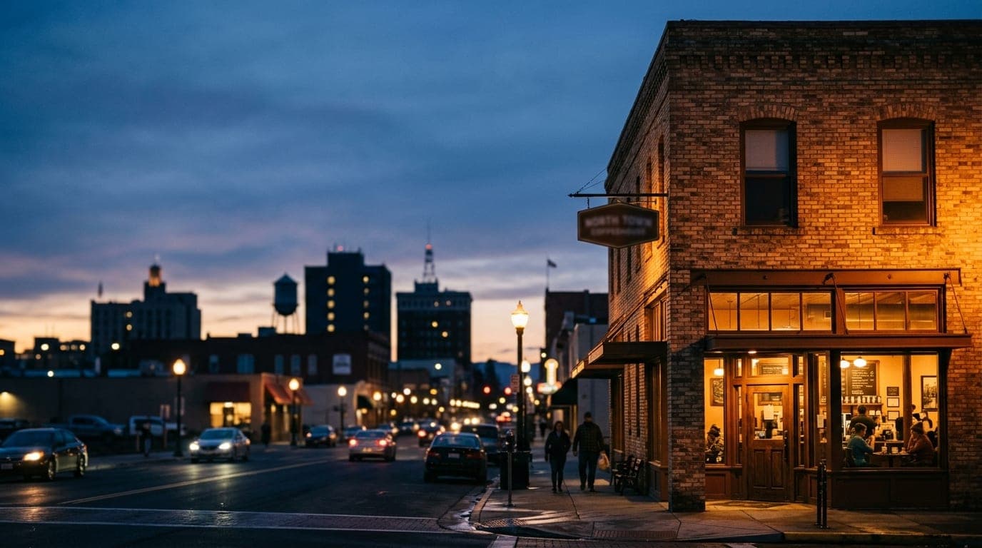 The historic brick facade of the North Town Coffeehouse glows with warm interior light at dusk, positioned in the right th...