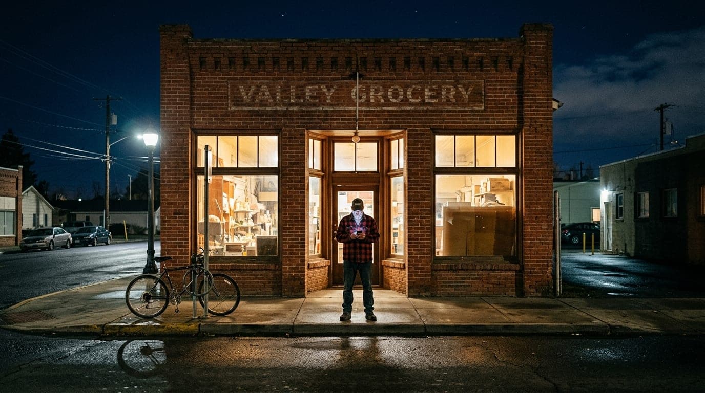 A centered wide-angle shot of a brick Yakima storefront at night, glowing with warm interior light. A lone man in a flanne...