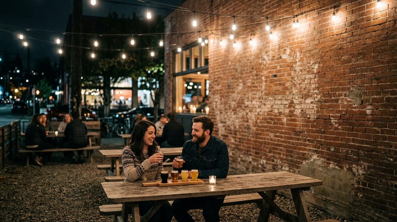 A couple sits on the gravel patio of Single Hill, a craft beer flight between them. Low-slung string lights glow above, il...