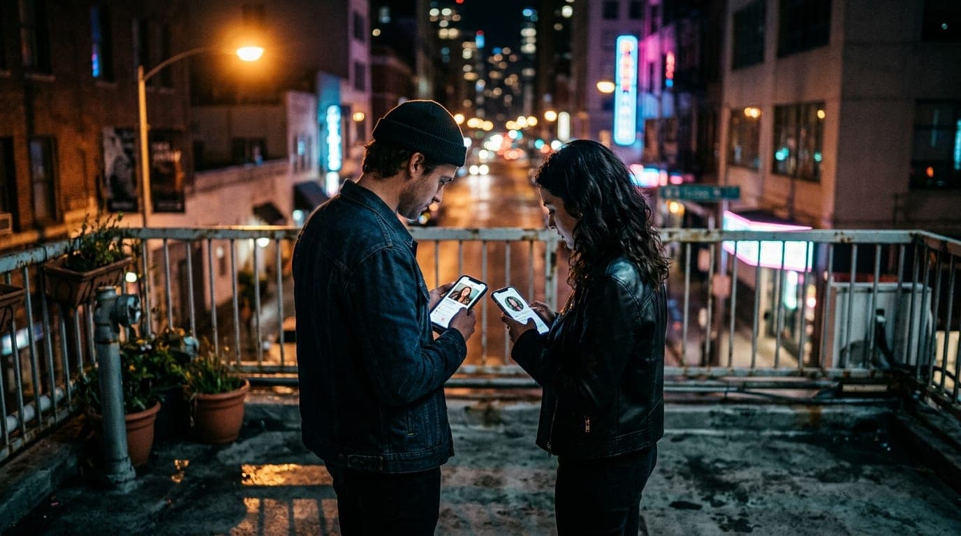 A low-angle, 24mm wide-angle shot of a couple standing on a dark Yuma rooftop balcony at night. City lights blur behind th...