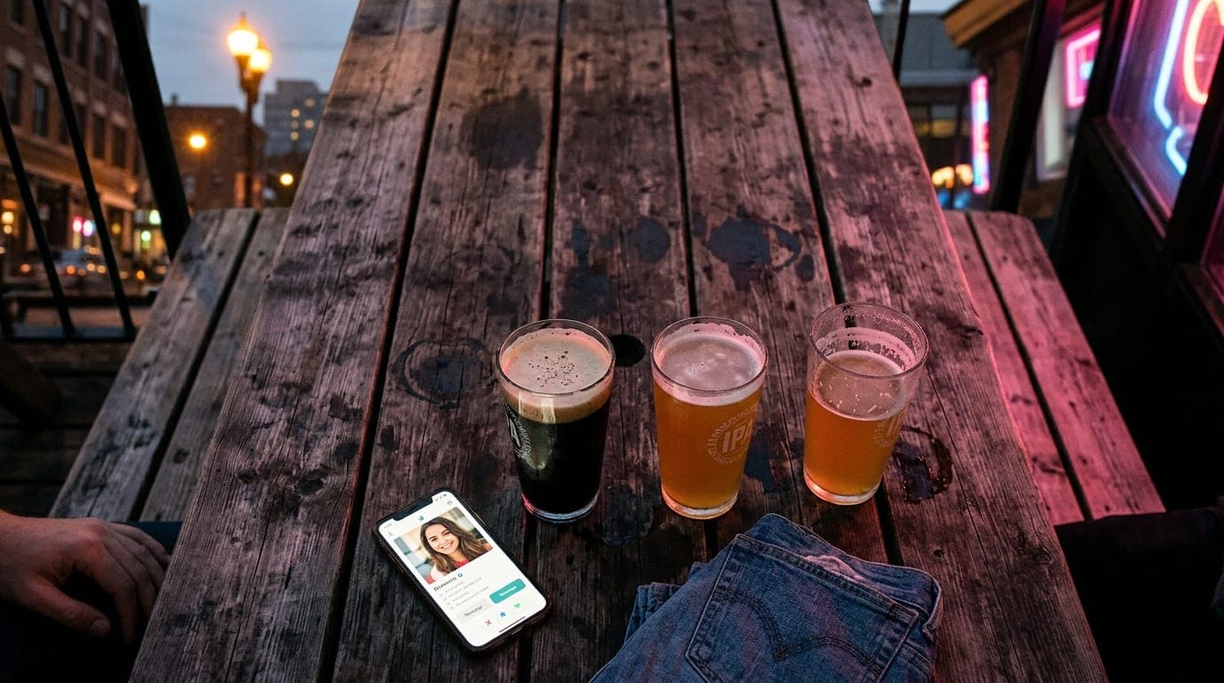 Overhead flat-lay on a weathered wooden patio table at dusk. Two half-empty craft beer pints sit near a smartphone showing...