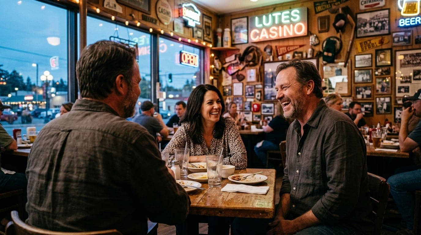 A 35mm documentary medium shot at blue hour. A couple sits at a rustic wooden table inside Lutes Casino, surrounded by ecc...