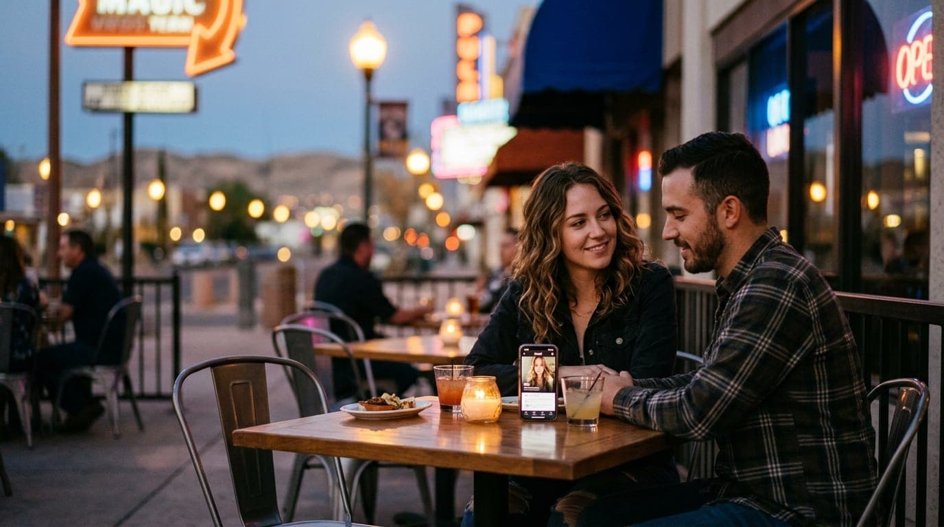 A couple sits at a candle-lit outdoor patio table, Yuma’s desert landscape blurred in the distance. A smartphone lies scre...
