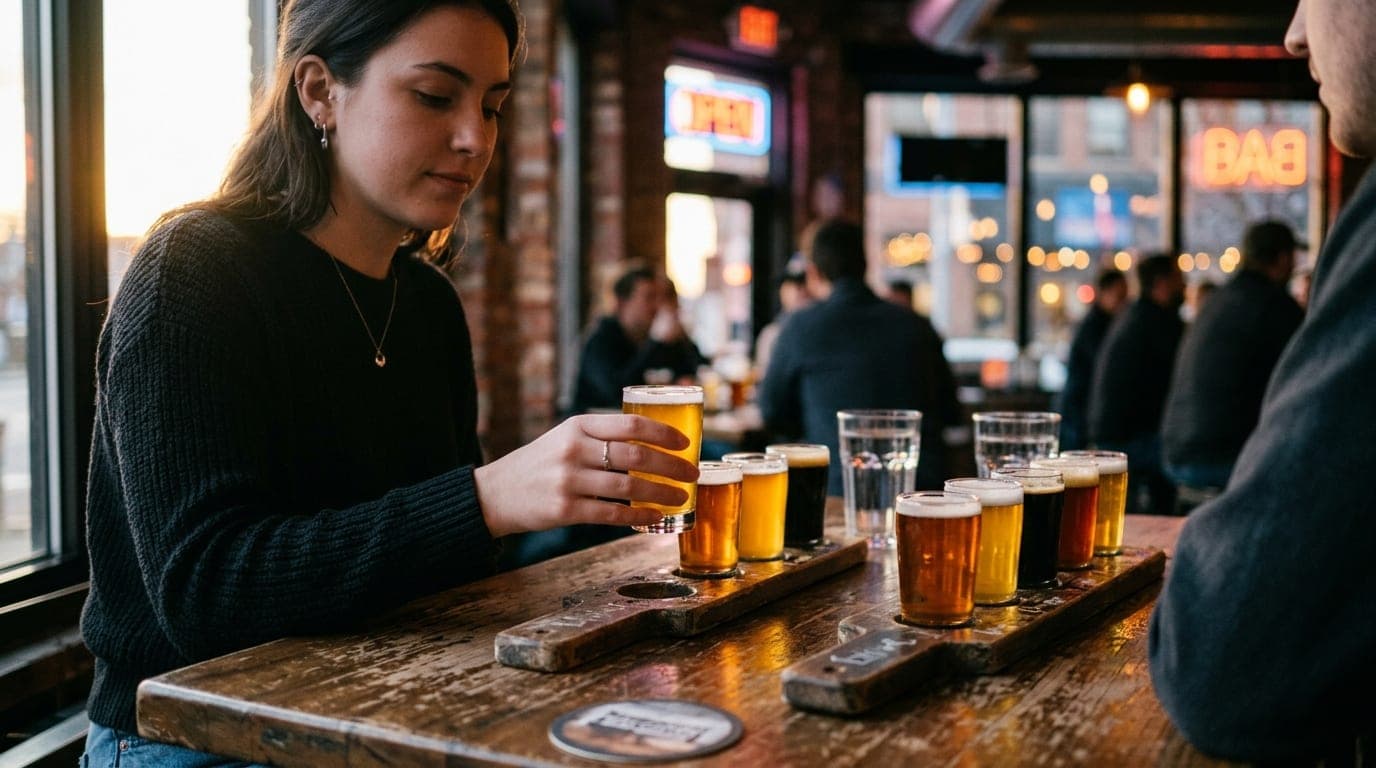 A close-up 85mm portrait, offset left, shows two craft beer flights on a weathered wooden table at Prison Hill. Afternoon...