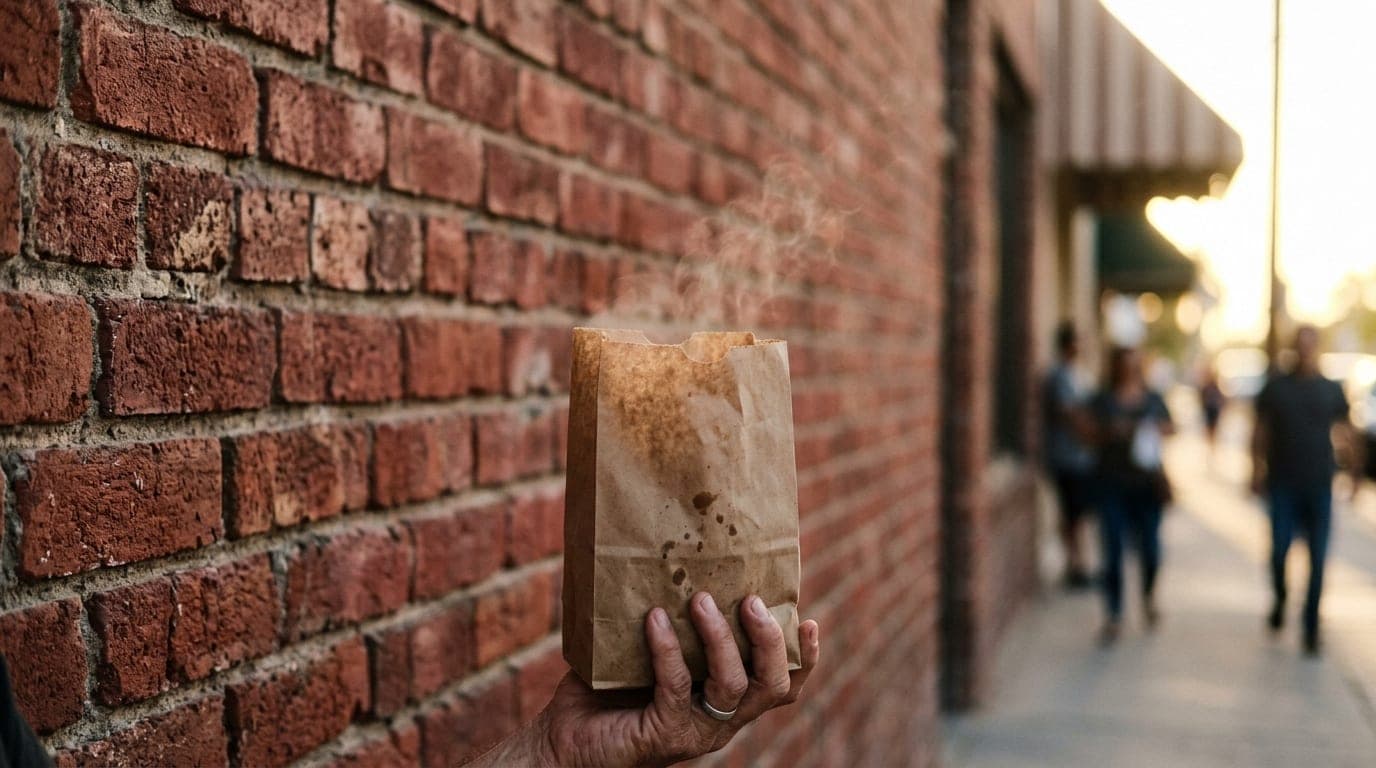 Extreme close-up, 50mm, golden hour. A hand holds a steaming paper bag from a local taco stand against the weathered red b...