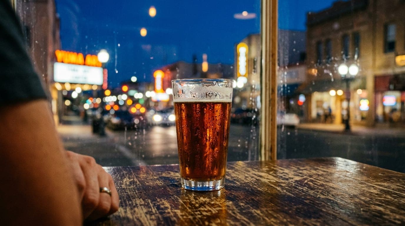 100mm macro, blue hour. A polished craft beer glass sits on a worn wooden table at Prison Hill Brewing, condensation dripp...