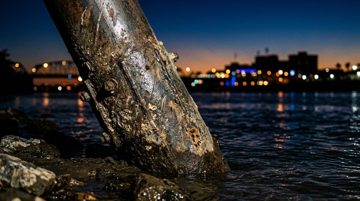 A low-angle macro shot of a weathered metal pier piling at the Colorado River’s edge. Midnight ambient light illuminates t...