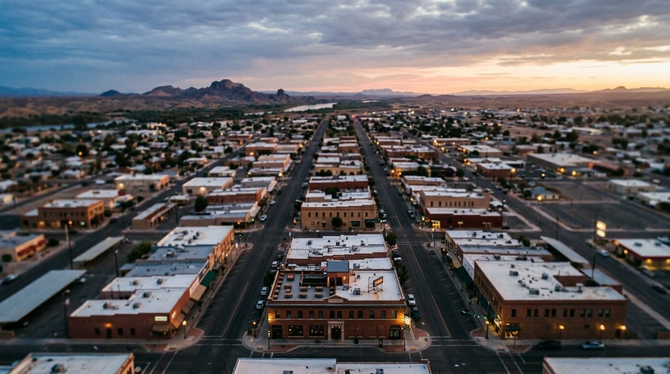 Overhead flat-lay of the historic Yuma North End downtown district at dawn. Tilt-shift photography isolates Prison Hill Br...